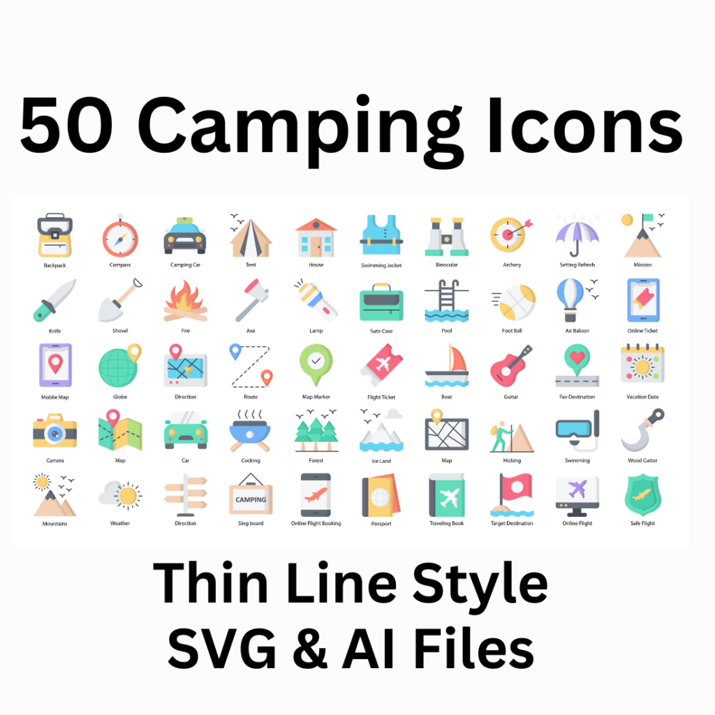 Camping Icon Set 50 Flat Icons - SVG And AI Files - MasterBundles