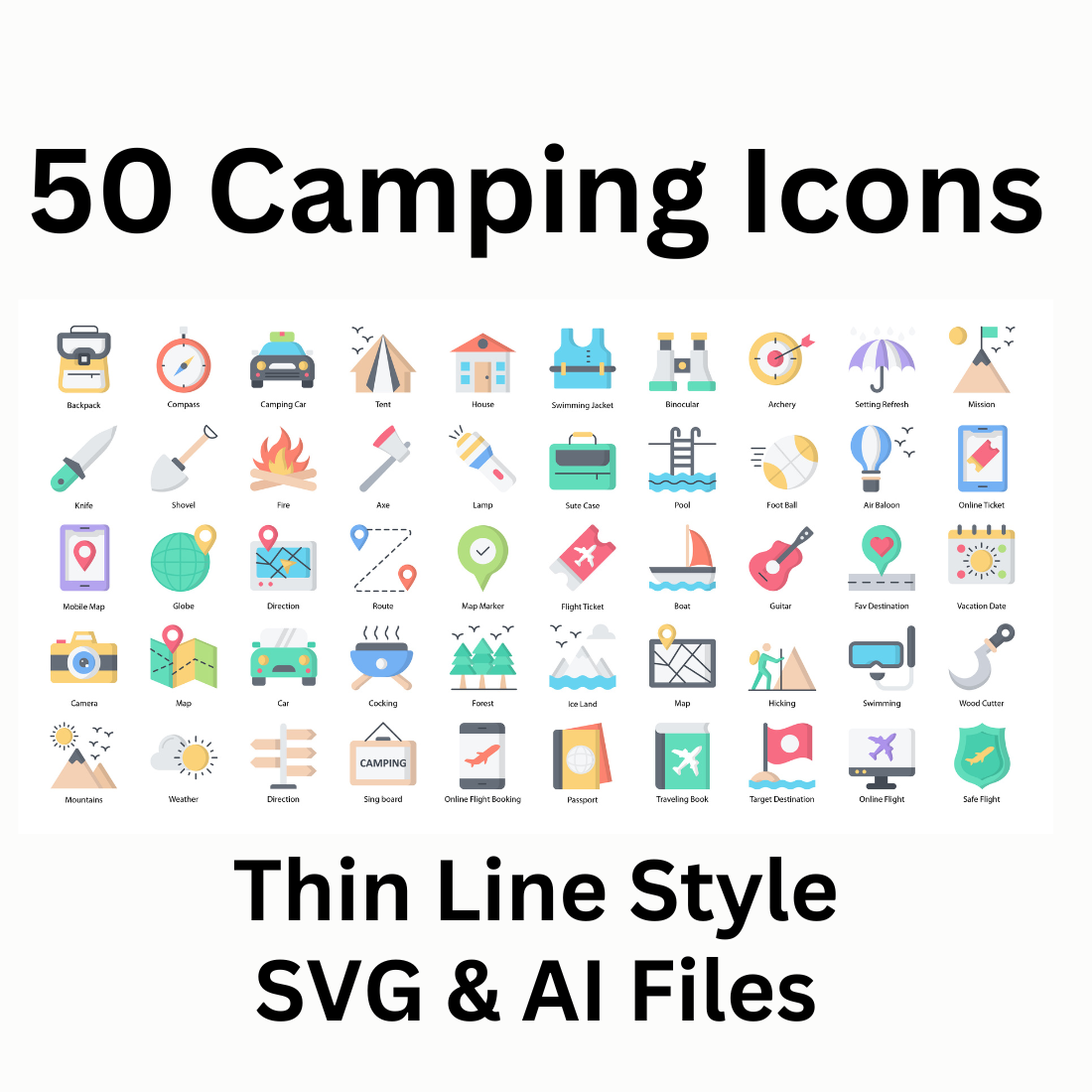 Camping Icon Set 50 Flat Icons - SVG And AI Files preview image.