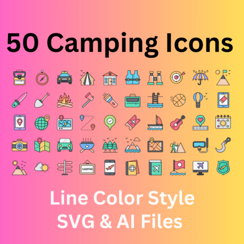 Camping Icon Set 50 Line Color Icons – SVG And AI Files cover image.