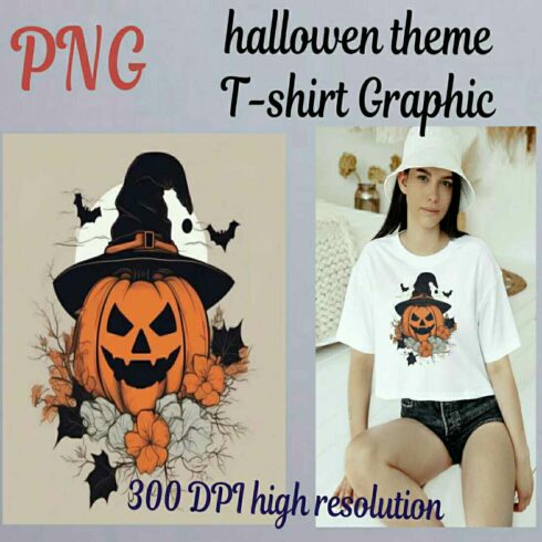Cute Halloween Pumpkin with Witch Hat* Digital Art File | PDF DOWNLOAD T-shirt graphic cover image.