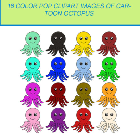 16 COLOR POP CLIPART IMAGES OF CARTOON OCTOPUSES cover image.