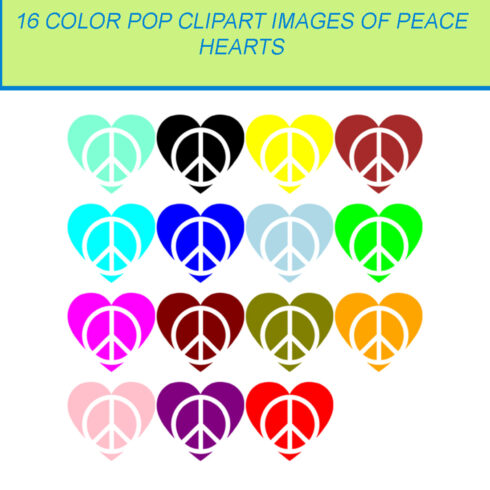 16 COLOR POP CLIPART IMAGES OF PEACE HEARTS cover image.