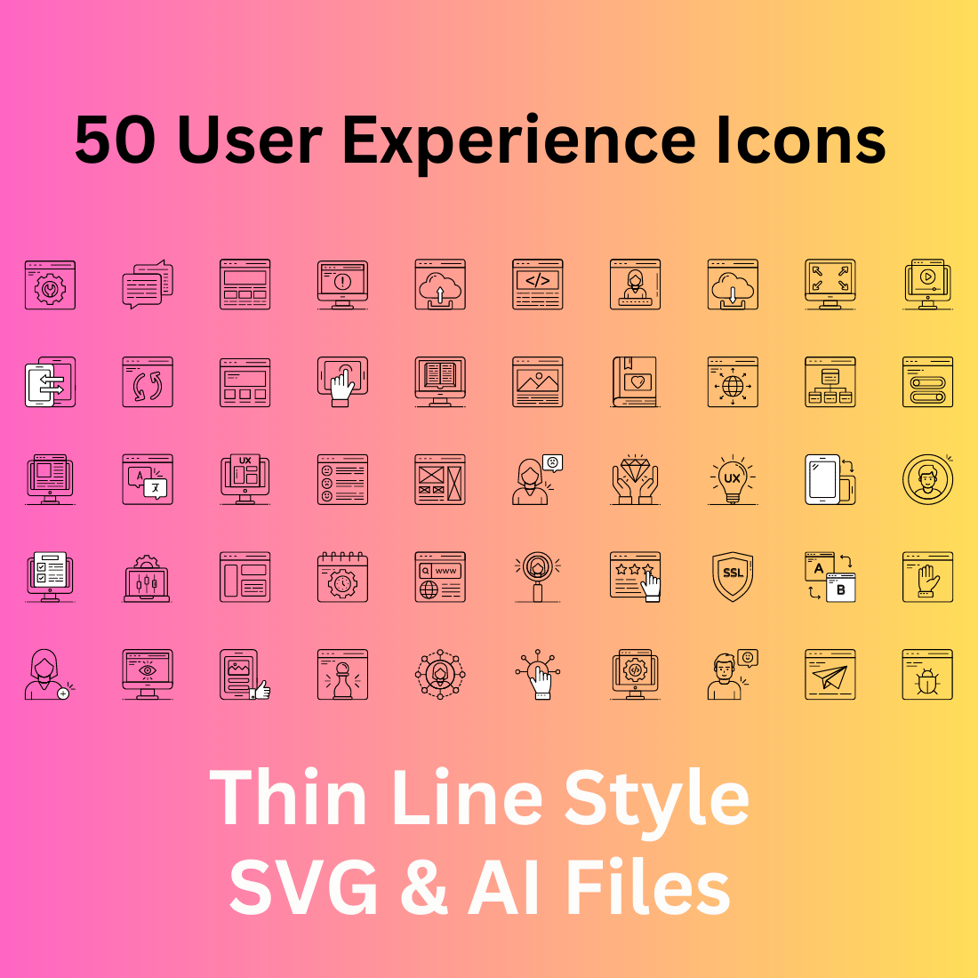 User Experience Icon Set 50 Outline Icons - SVG And AI Files cover image.