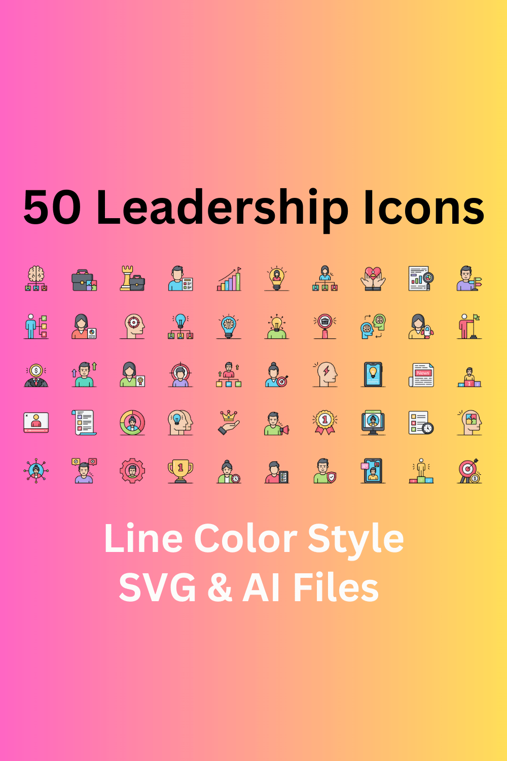 Leadership Icon Set 50 Line Color Icons - SVG And AI Files pinterest preview image.
