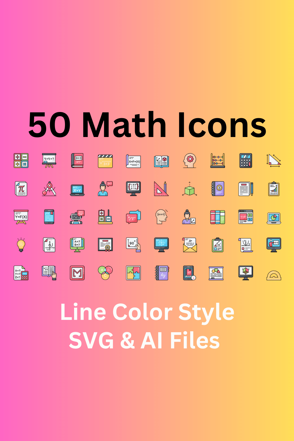 Math Icon Set 50 Line Color Icons - SVG And AI Files pinterest preview image.