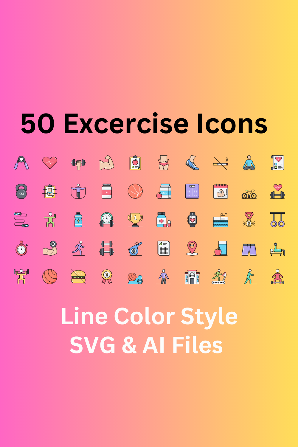 Exercise Icon Set 50 Line Color Icons - SVG And AI Files pinterest preview image.