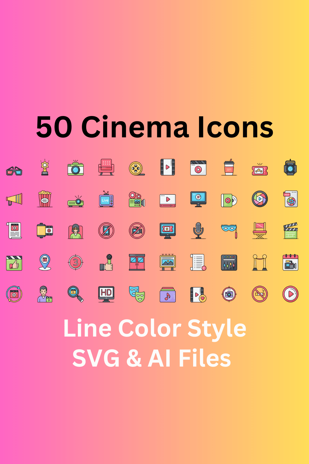 Cinema Icon Set 50 Line Color Icons - SVG And AI Files pinterest preview image.