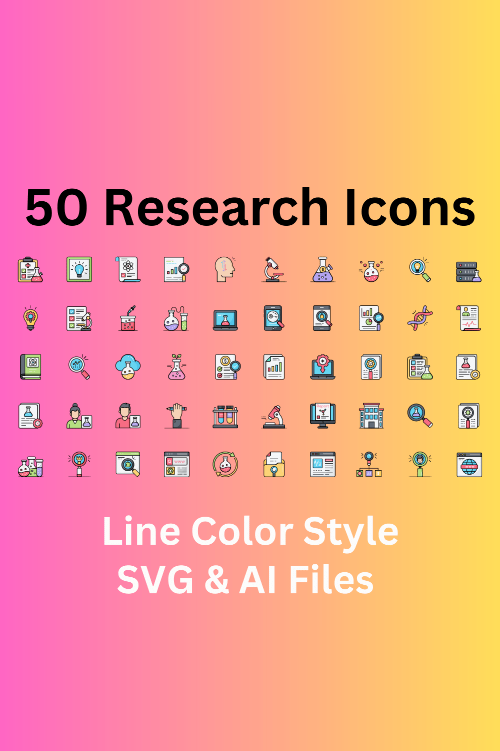 Research Icon Set 50 Line Color Icons - SVG And AI Files pinterest preview image.