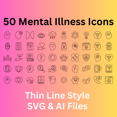 Mental Illness Icon Set 50 Outline Icons - SVG And AI Files cover image.