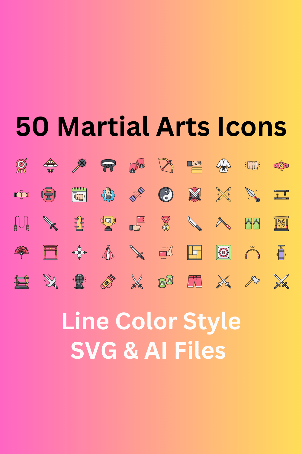 Martial Arts Icon Set 50 Line Color Icons - SVG And AI Files pinterest preview image.