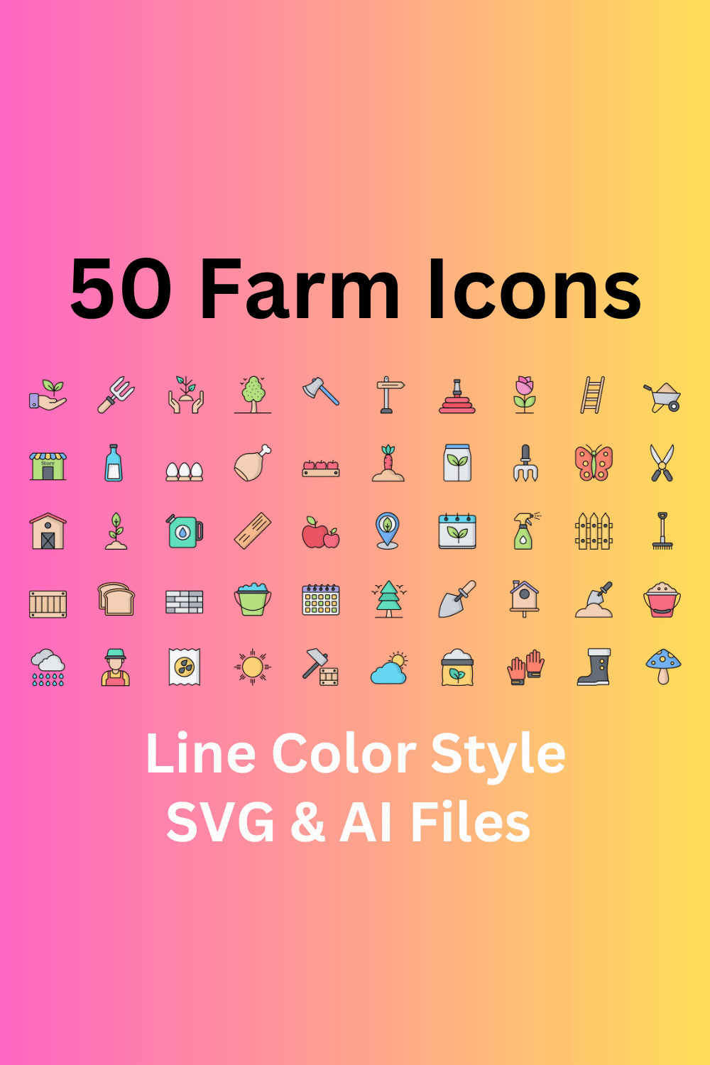 Farm Icon Set 50 Line Color Icons - SVG And AI Files pinterest preview image.
