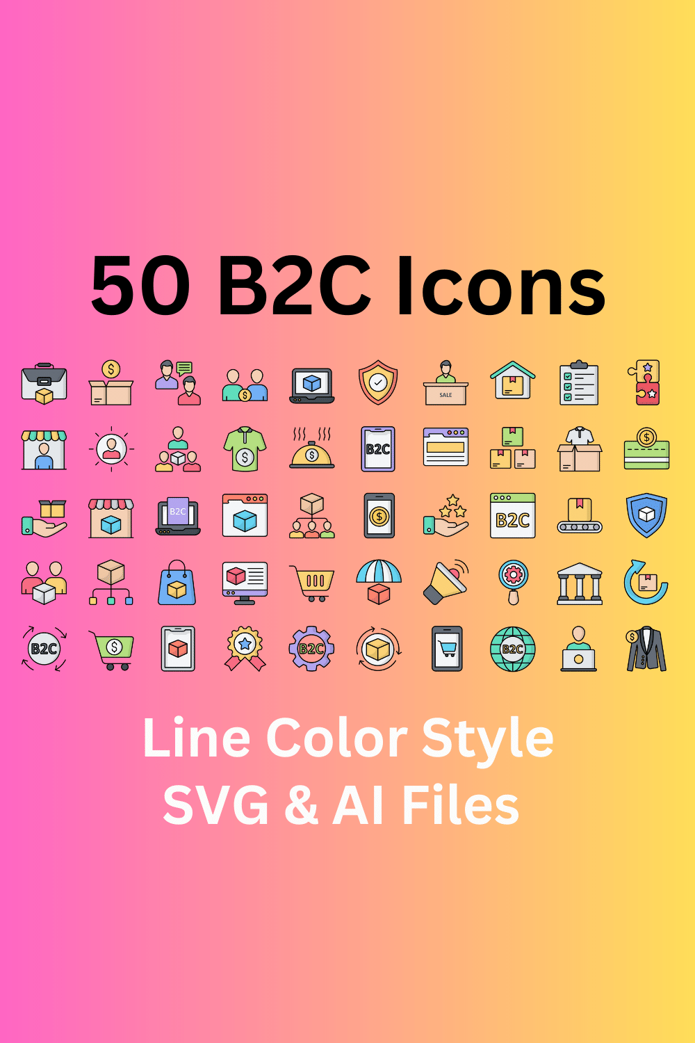 B2C Icon Set 50 Line Color Icons - SVG And AI Files pinterest preview image.