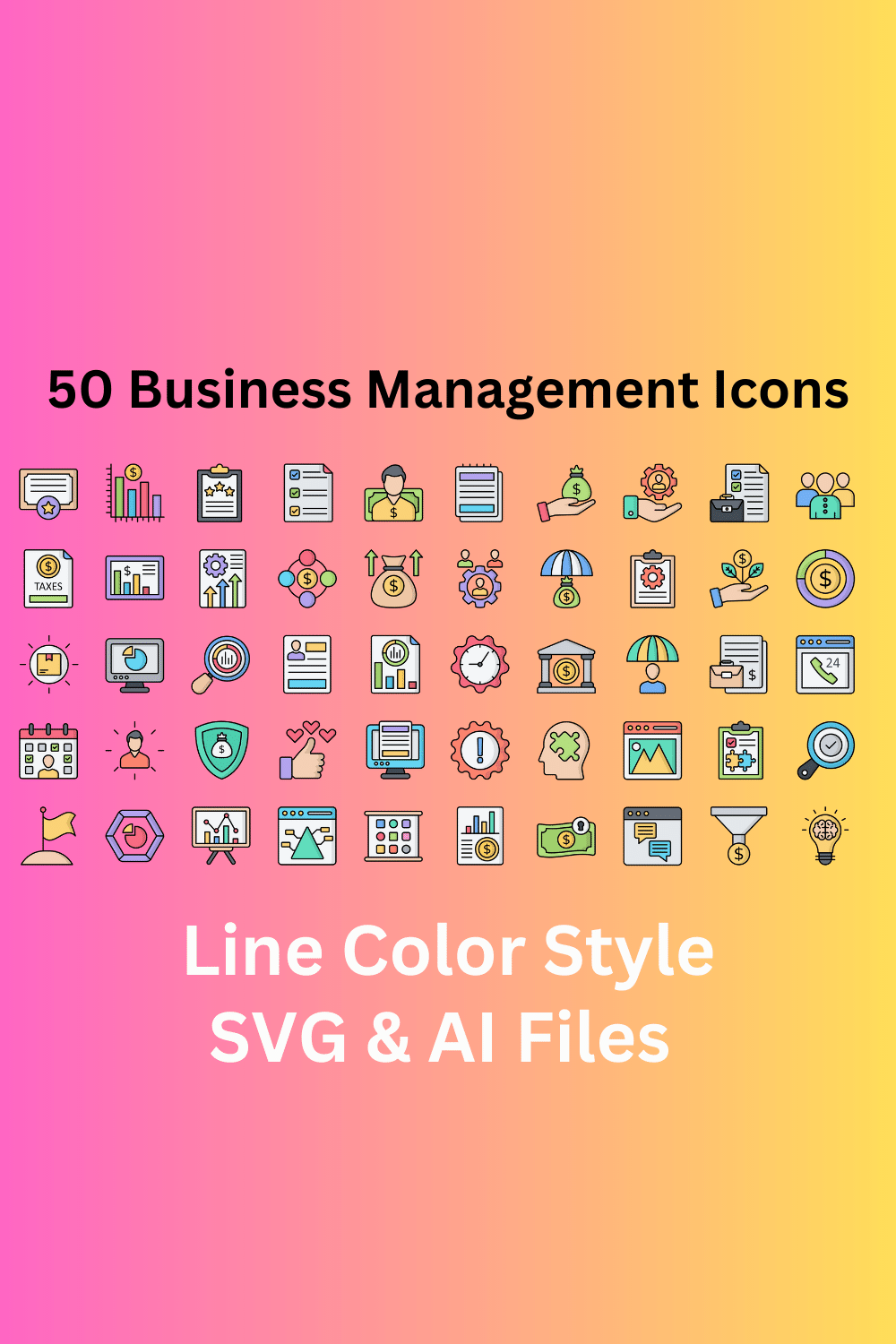 Business Management Icon Set 50 Line Color Icons - SVG And AI Files pinterest preview image.