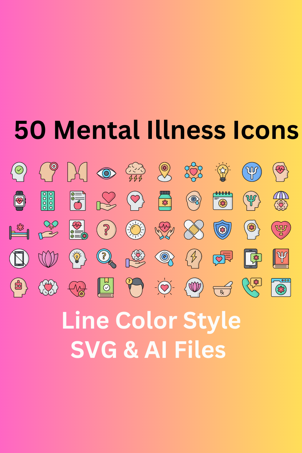 Mental Illness Icon Set 50 Line Color Icons - SVG And AI Files pinterest preview image.