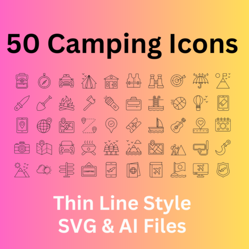 Camping Icon Set 50 Outline Icons – SVG And AI Files cover image.