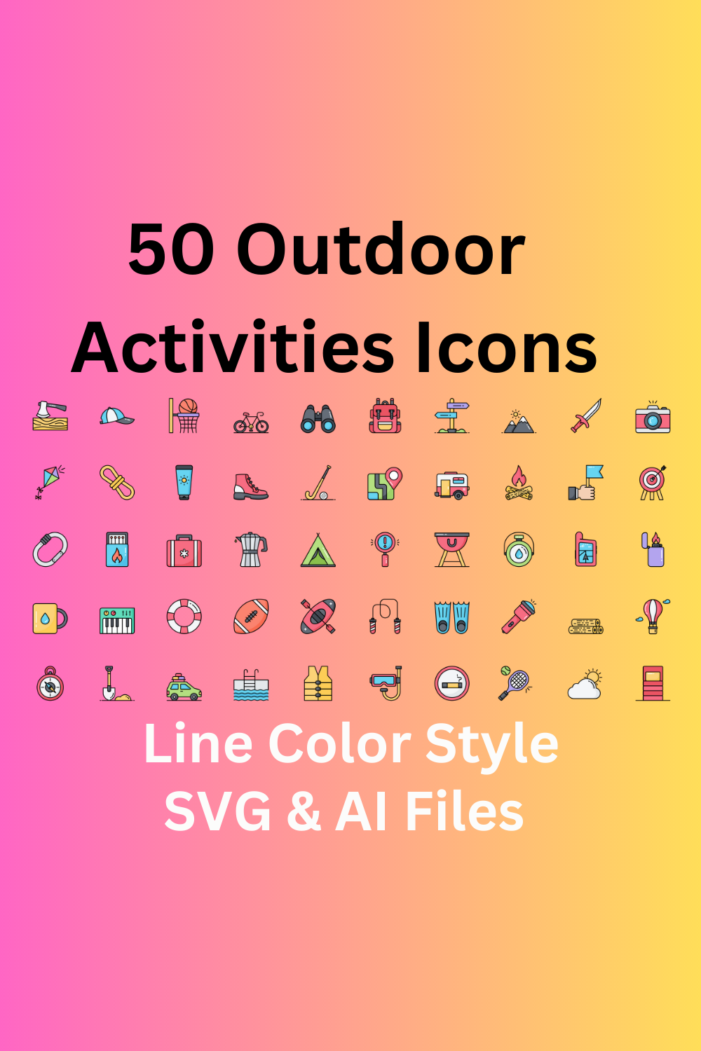 Outdoor Activities Icon Set 50 Line Color Icons - SVG And AI Files pinterest preview image.