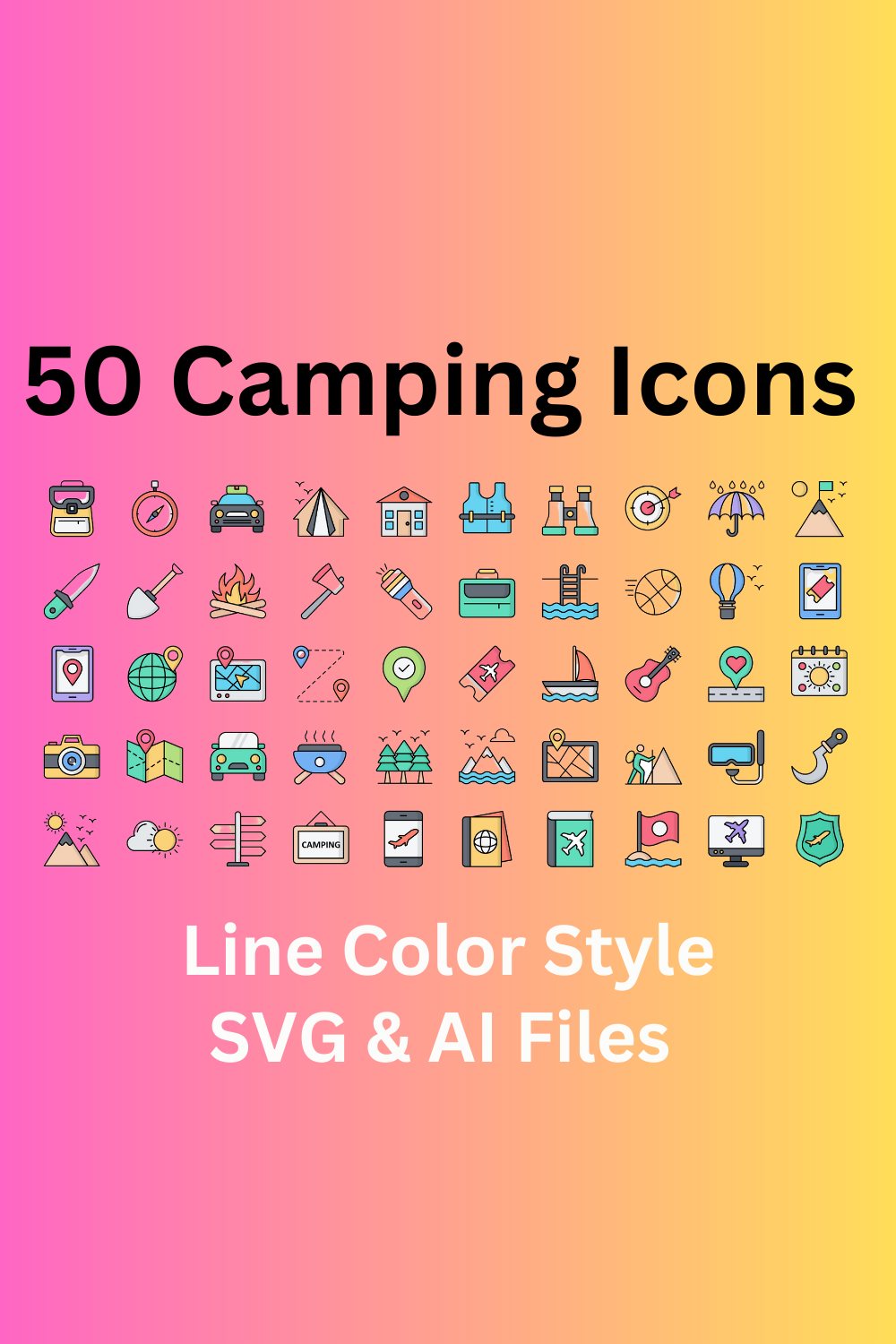Camping Icon Set 50 Line Color Icons – SVG And AI Files pinterest preview image.