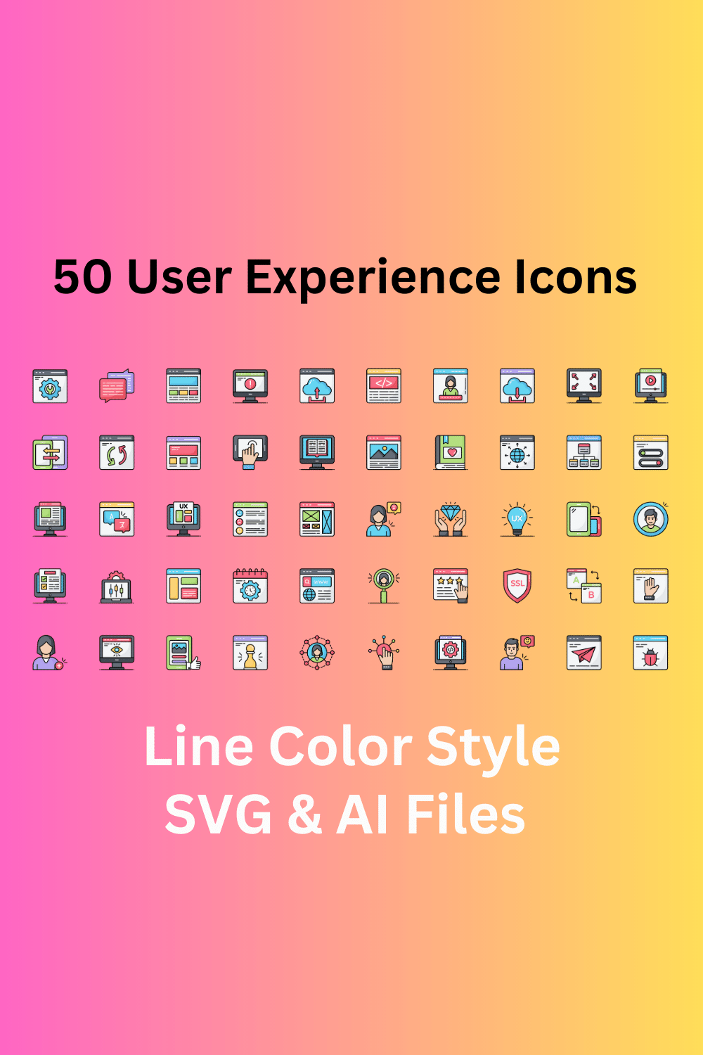 User Experience Icon Set 50 Line Color Icons - SVG And AI Files pinterest preview image.