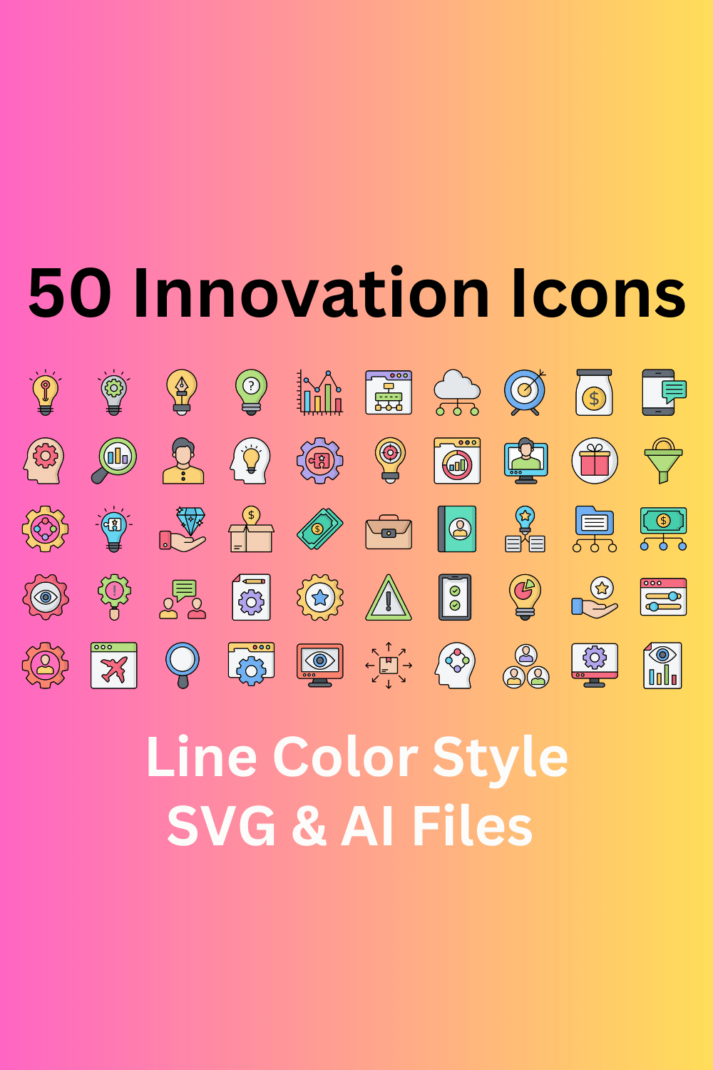 Innovation Icon Set 50 Line Color Icons - SVG And AI Files pinterest preview image.