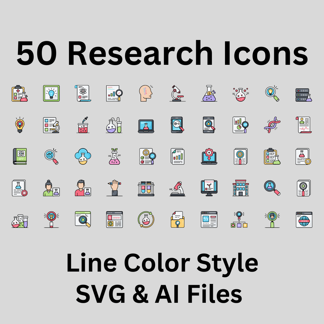 Research Icon Set 50 Line Color Icons - SVG And AI Files preview image.