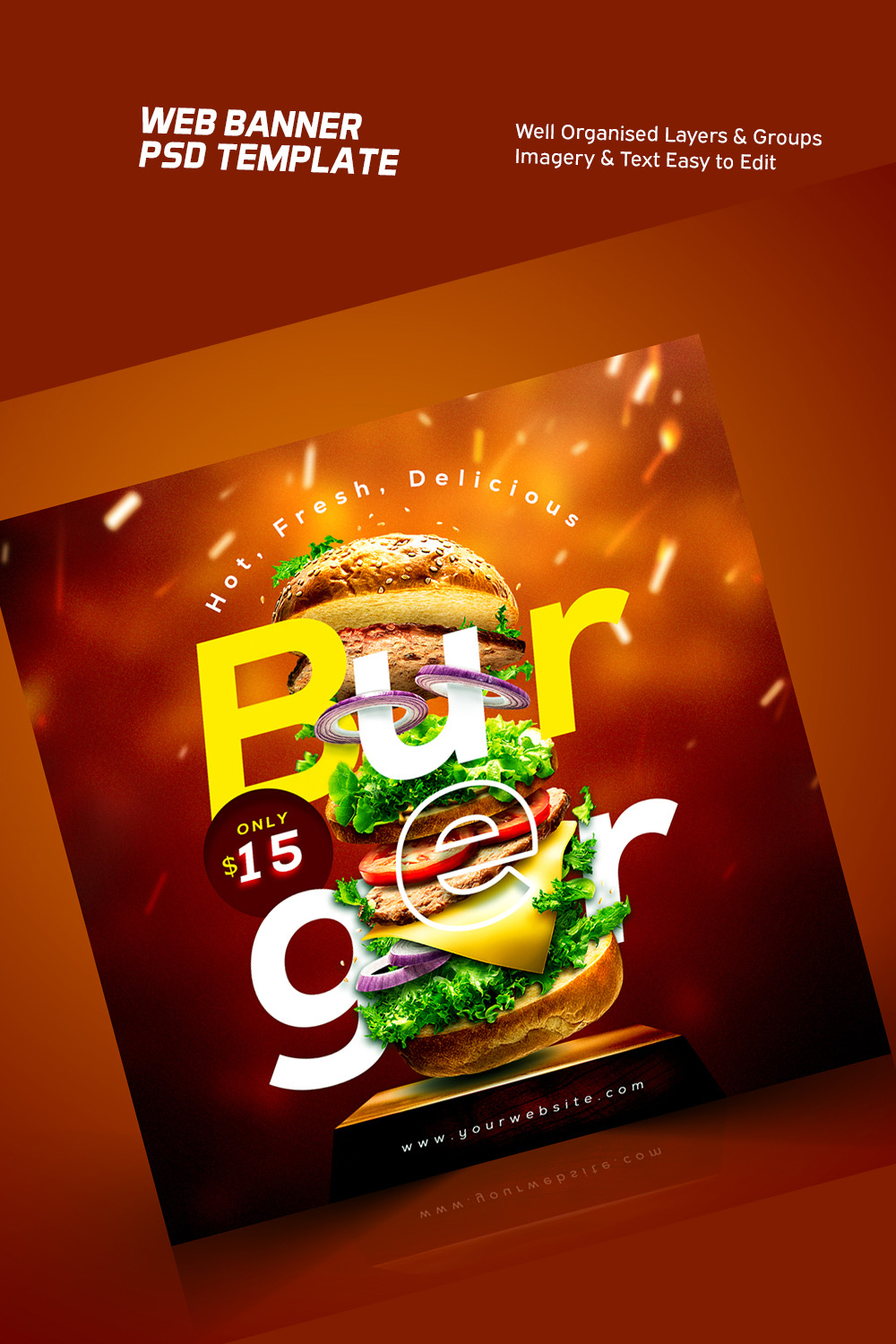Burger Advertising Flyer - E Commerce Poster PSD pinterest preview image.
