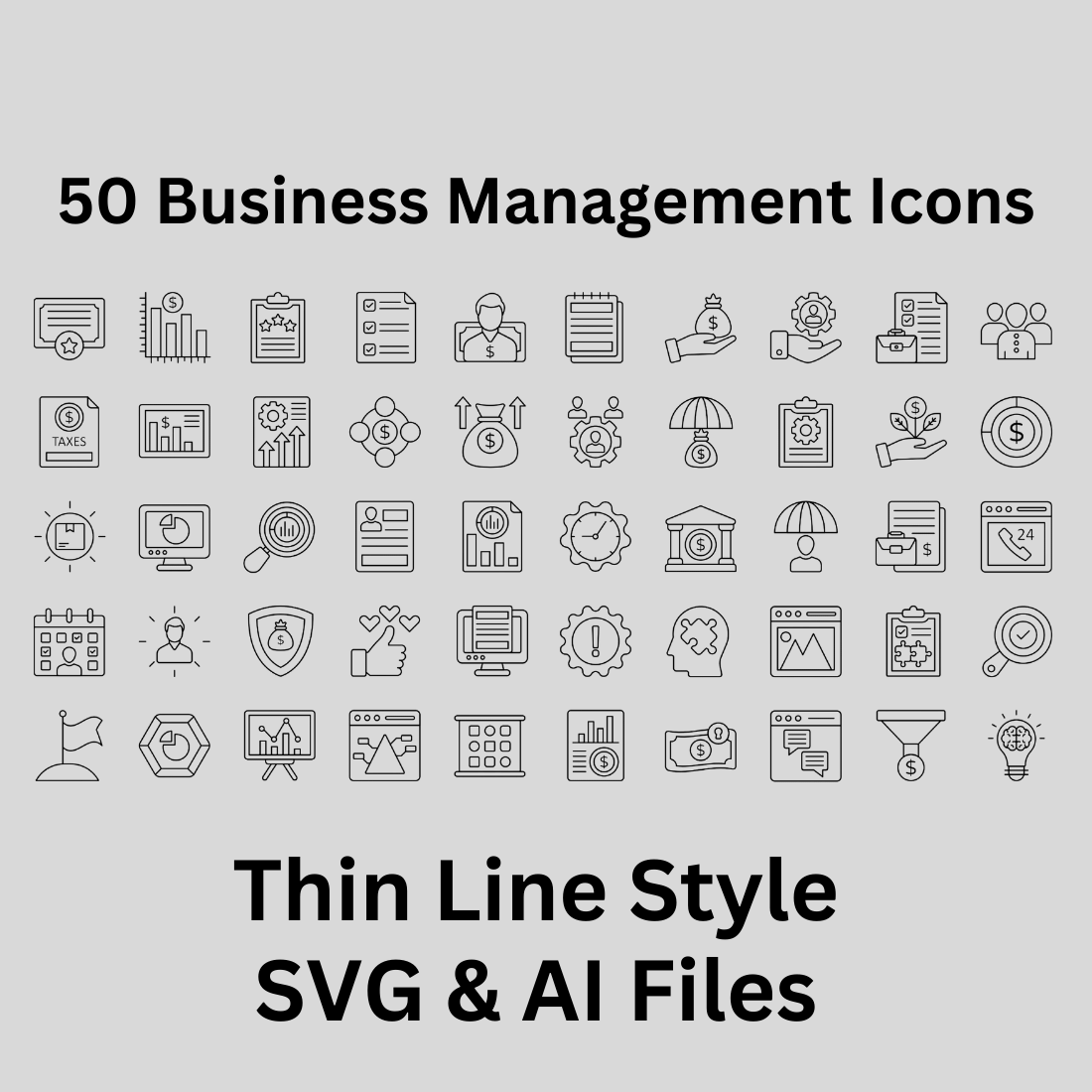 Business Management Icon Set 50 Outline Icons - SVG And AI File preview image.