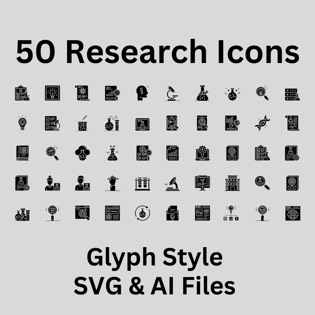 Research Icon Set 50 Glyph Icons - SVG And AI Files preview image.