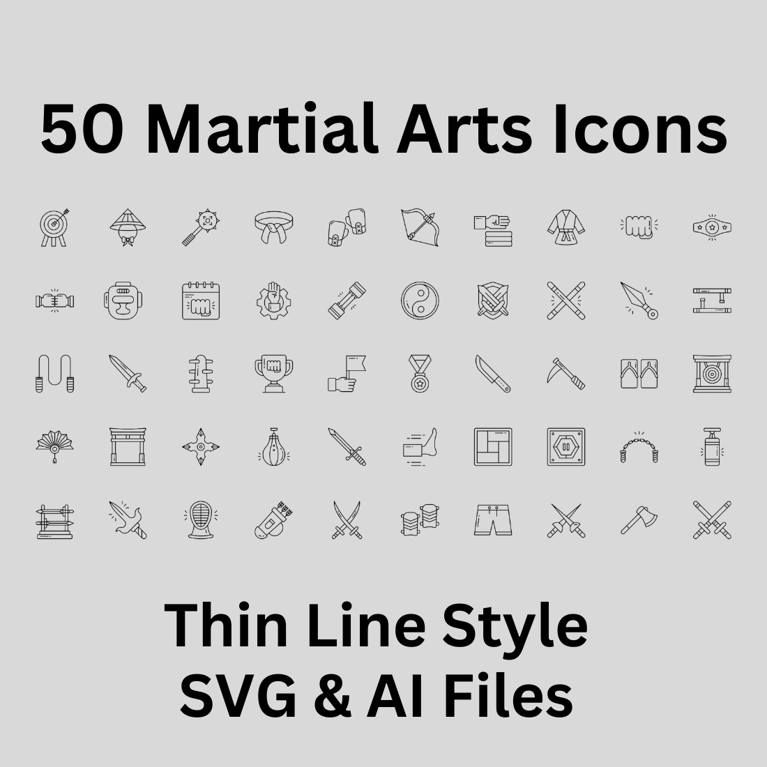 Martial Arts Icon Set 50 Outline Icons - SVG And AI Files preview image.