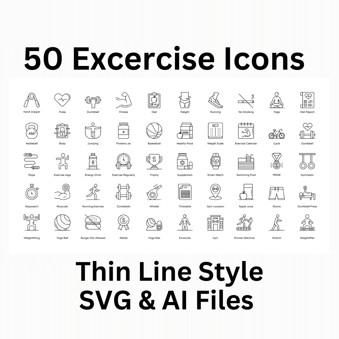 Exercise Icon Set 50 Outline Icons - SVG And AI Files preview image.