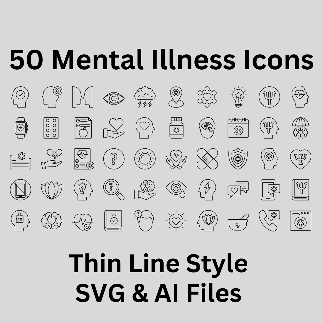 Mental Illness Icon Set 50 Outline Icons - SVG And AI Files preview image.