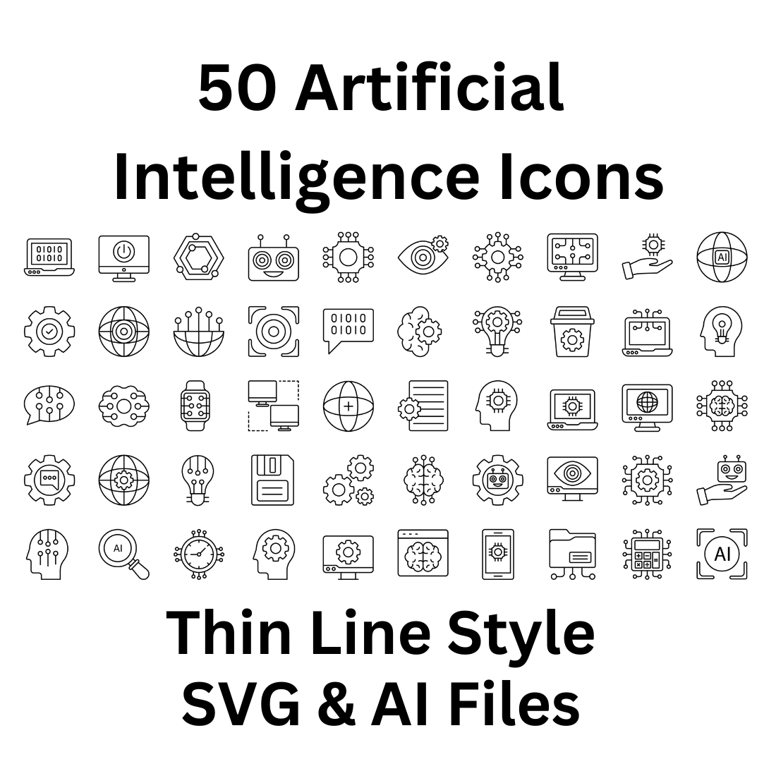 Artificial Intelligence Icon Set 50 Outline Icons - SVG And AI preview image.