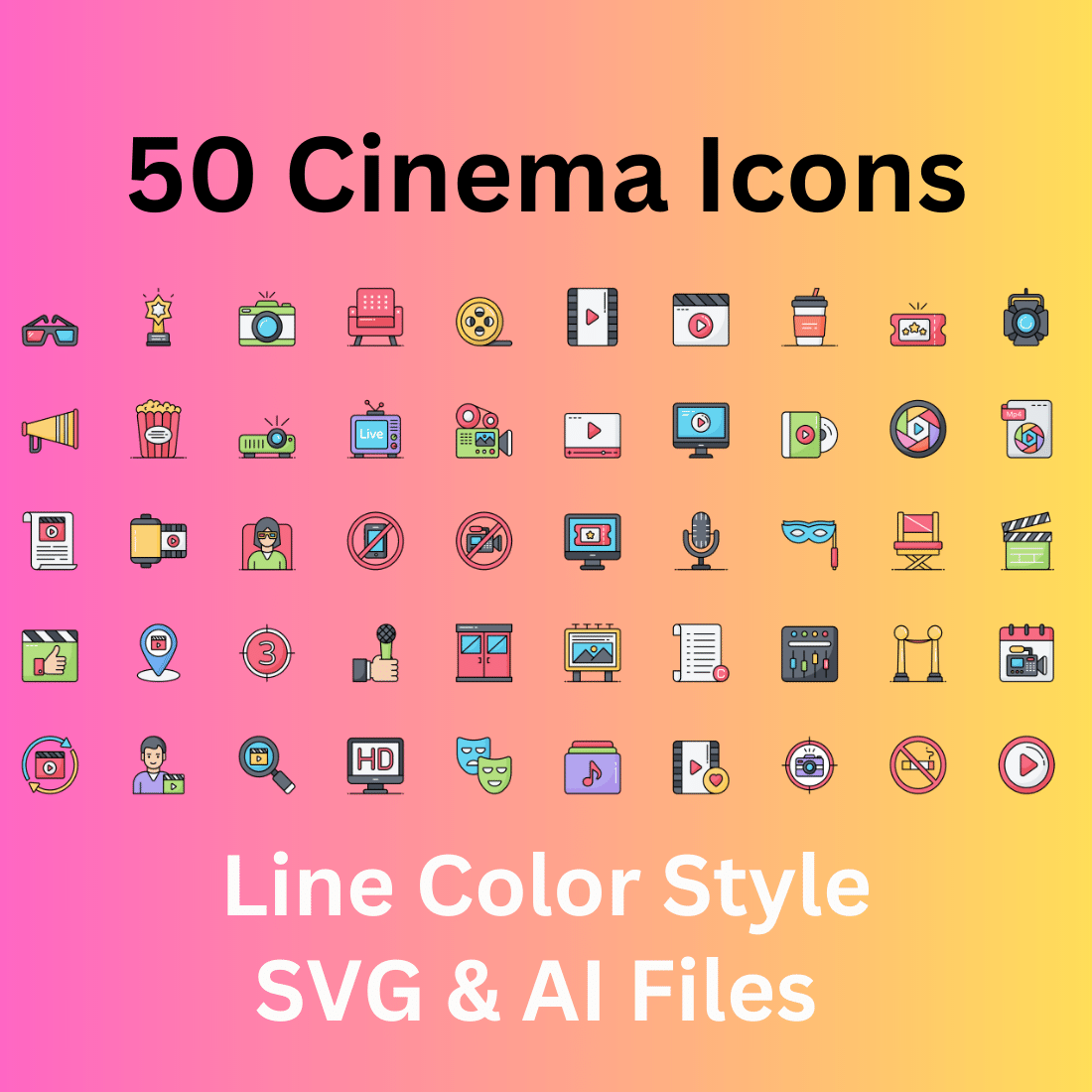 Cinema Icon Set 50 Outline Icons - SVG And AI Files cover image.