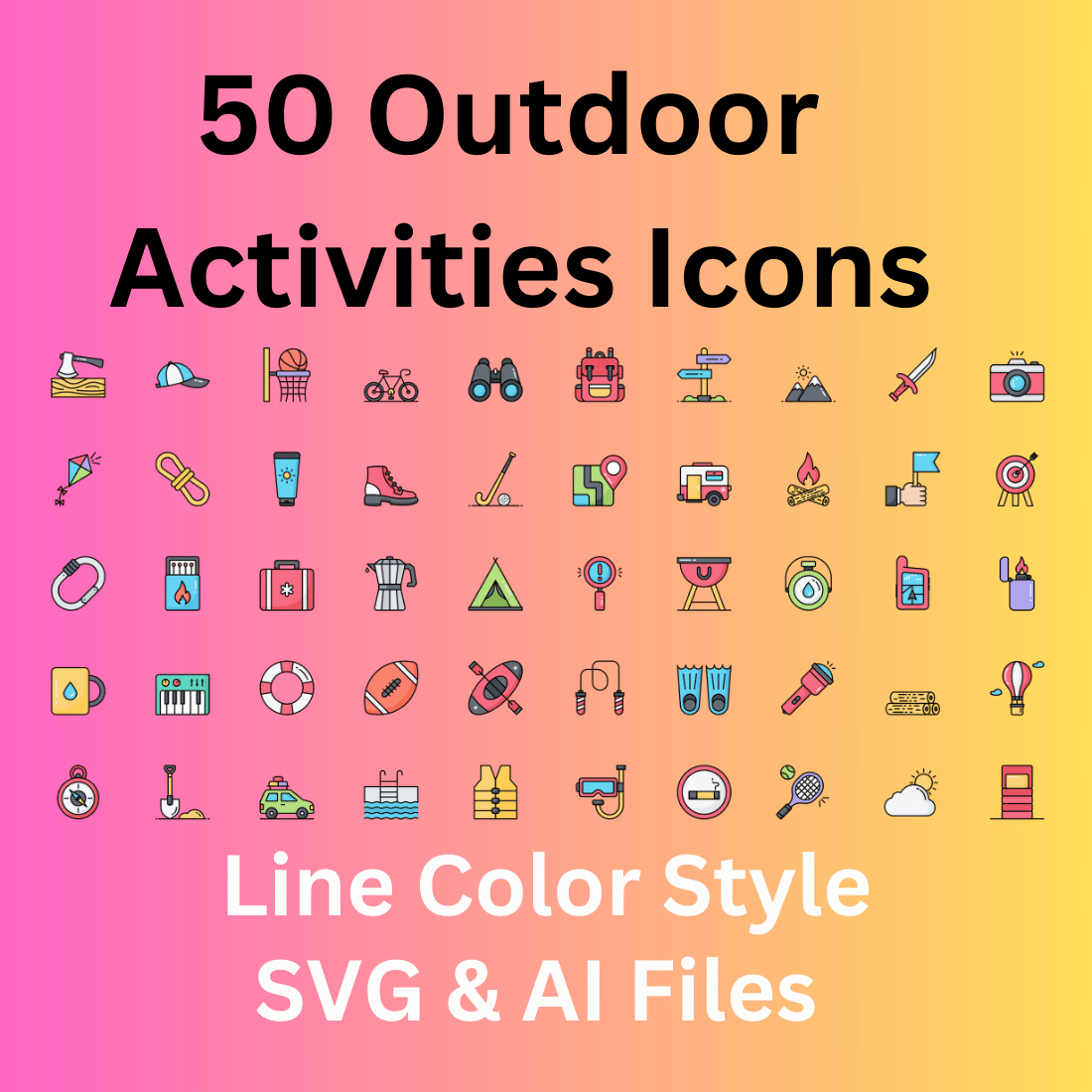 Outdoor Activities Icon Set 50 Line Color Icons - SVG And AI Files cover image.