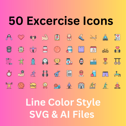Exercise Icon Set 50 Line Color Icons - SVG And AI Files cover image.