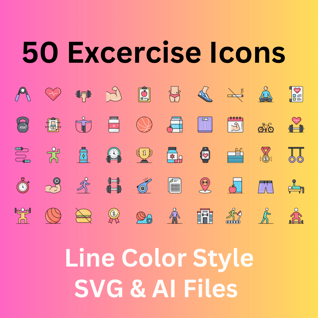 Exercise Icon Set 50 Line Color Icons - SVG And AI Files cover image.