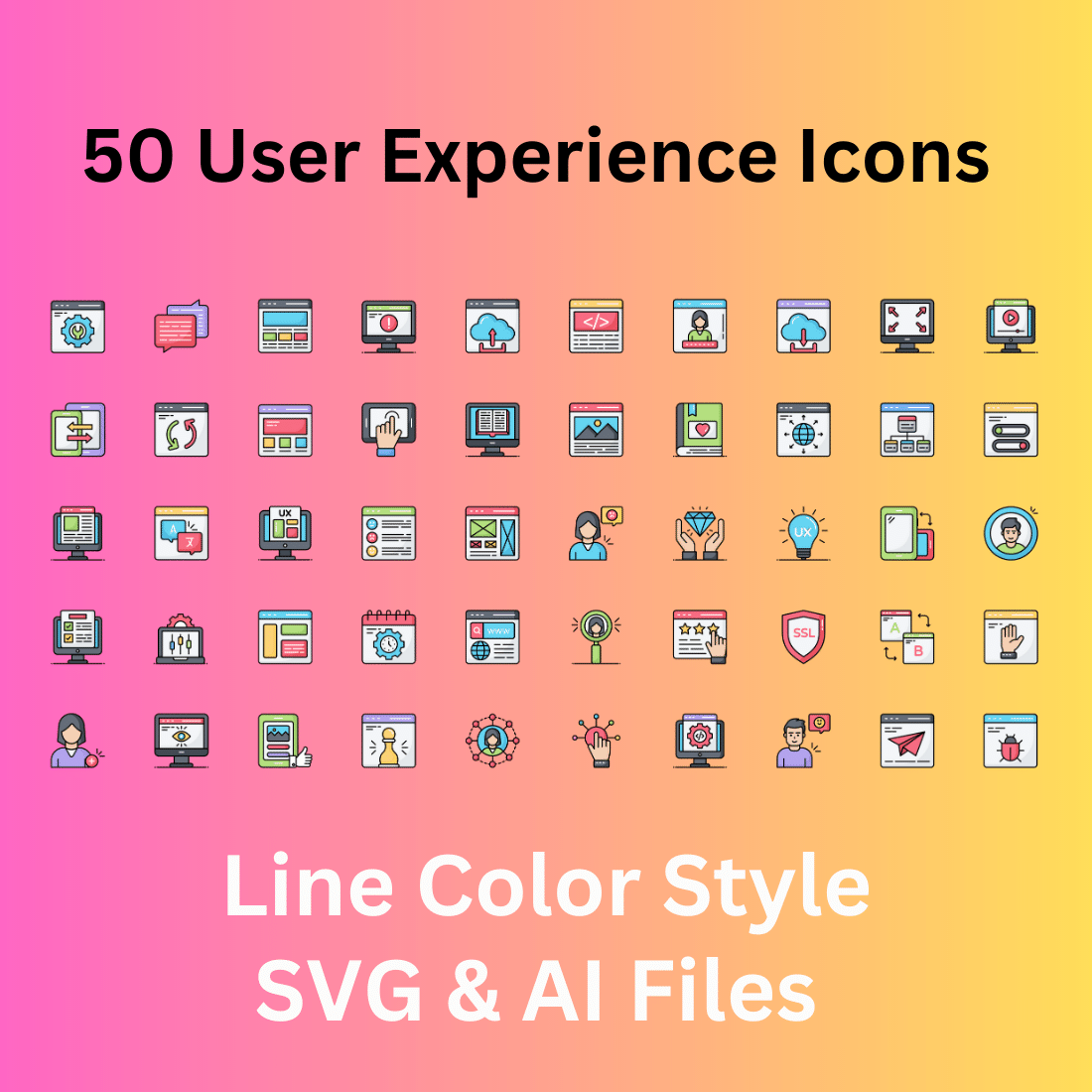 User Experience Icon Set 50 Line Color Icons - SVG And AI Files cover image.