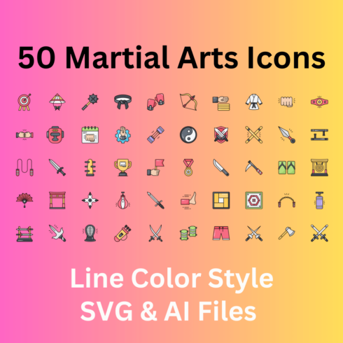 Martial Arts Icon Set 50 Line Color Icons - SVG And AI Files cover image.