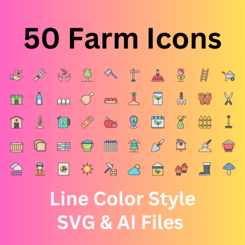 Farm Icon Set 50 Line Color Icons - SVG And AI Files cover image.