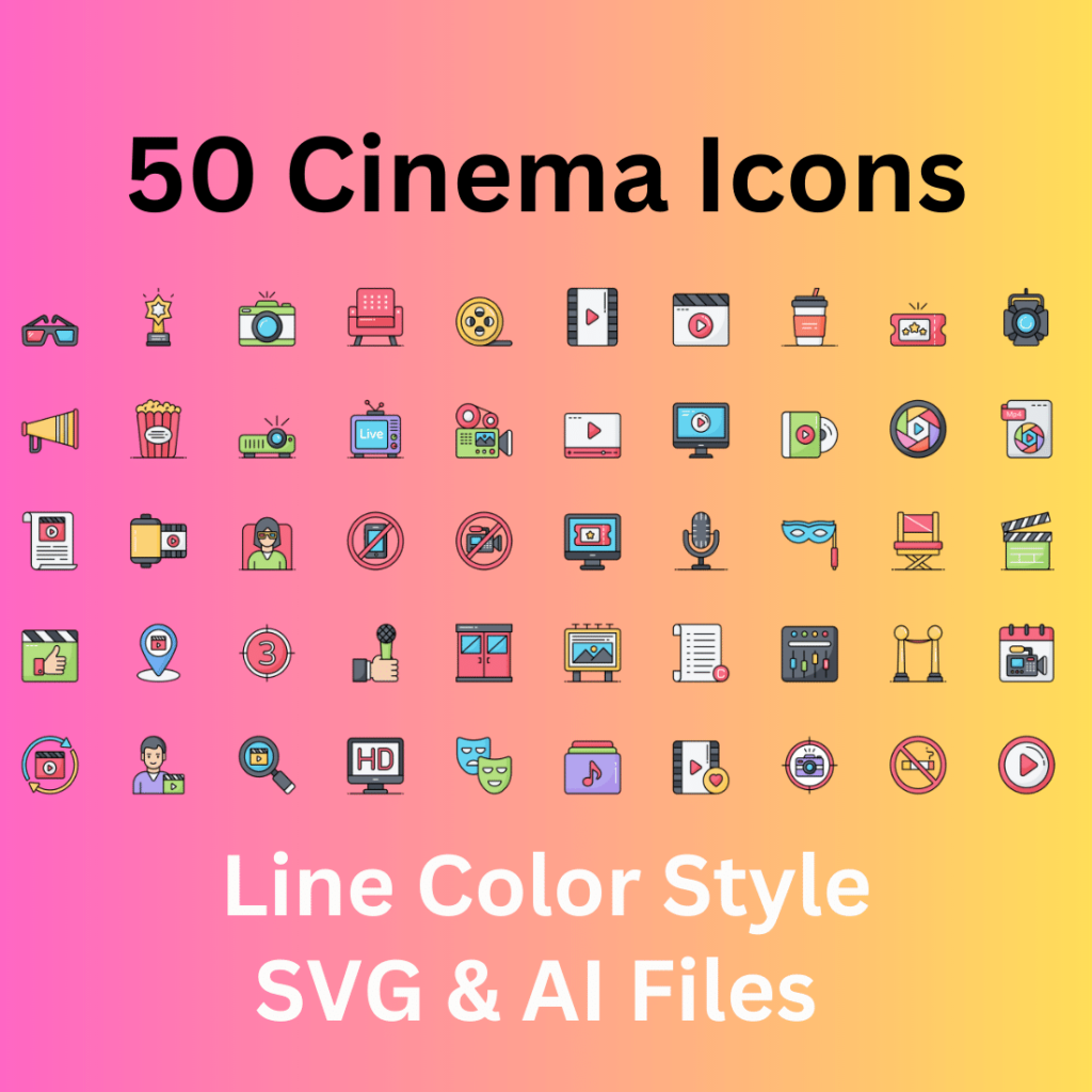 Cinema Icon Set 50 Line Color Icons - SVG And AI Files - MasterBundles