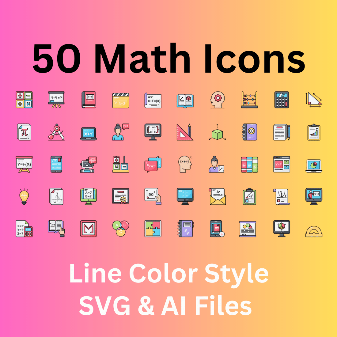 Math Icon Set 50 Line Color Icons - SVG And AI Files cover image.
