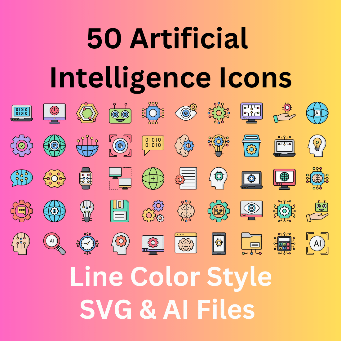 Artificial Intelligence Icon Set 50 Line Color Icons - SVG And AI cover image.