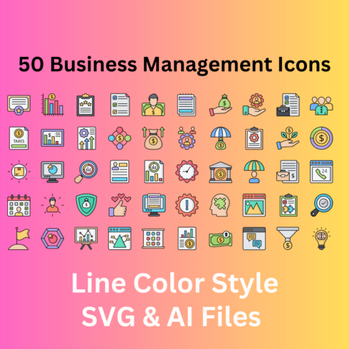 Business Management Icon Set 50 Line Color Icons - SVG And AI Files cover image.