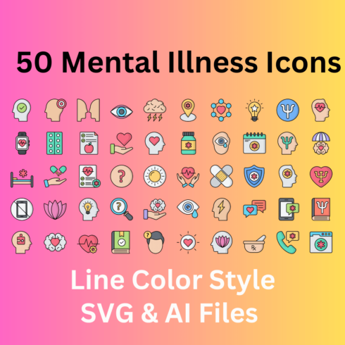Mental Illness Icon Set 50 Line Color Icons - SVG And AI Files cover image.