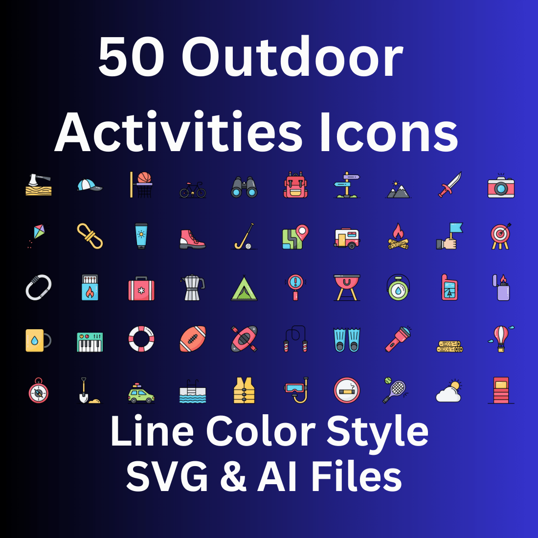 Outdoor Activities Icon Set 50 Line Color Icons - SVG And AI Files preview image.