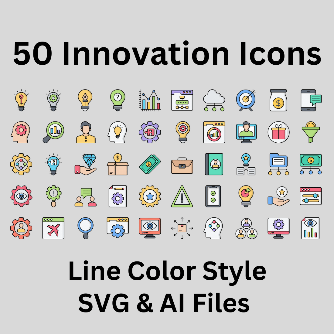 Innovation Icon Set 50 Line Color Icons - SVG And AI Files preview image.