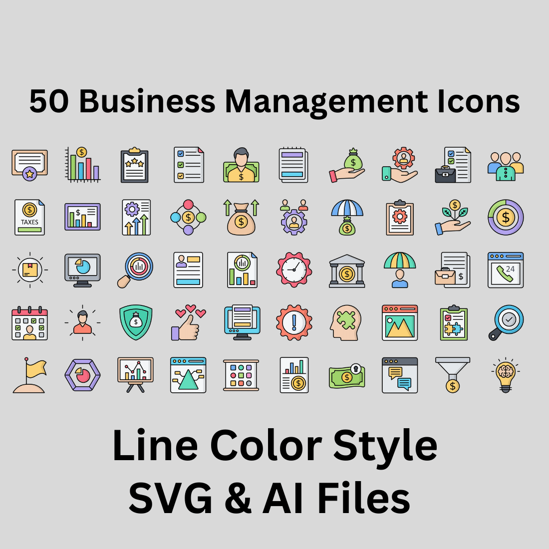 Business Management Icon Set 50 Line Color Icons - SVG And AI Files preview image.