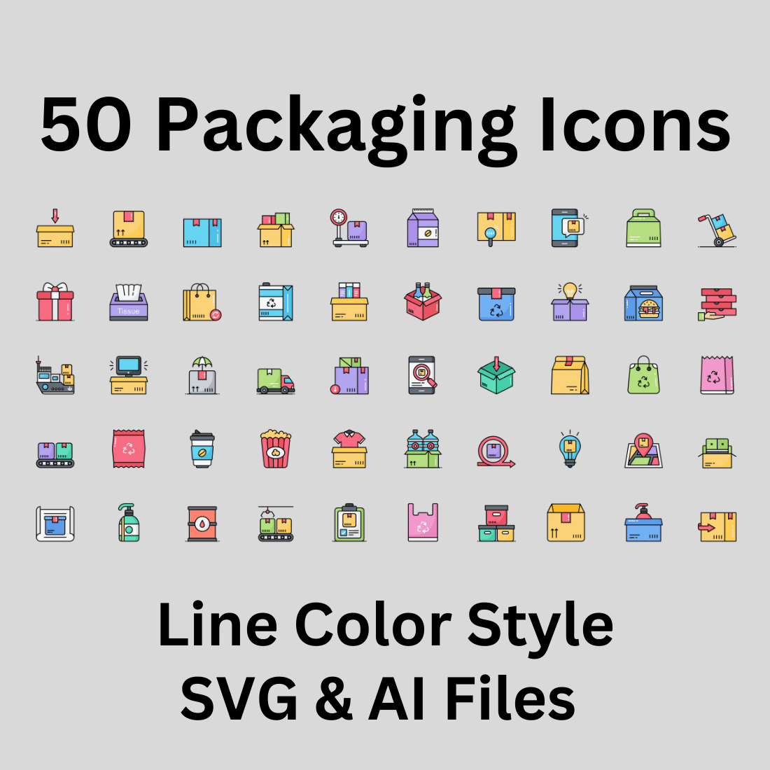 Packaging Icon Set 50 Line Color Icons - SVG And AI Files preview image.