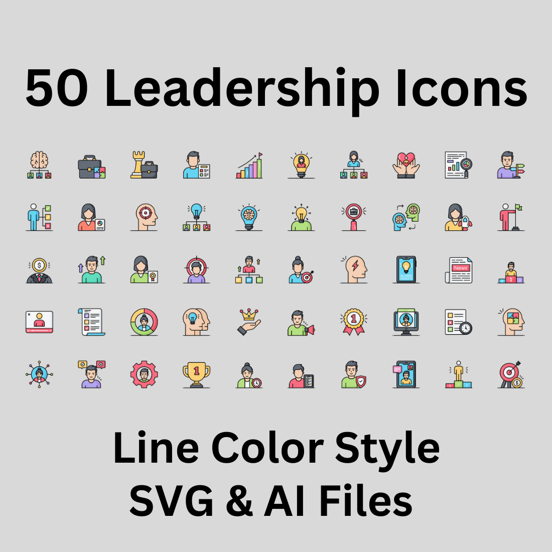 Leadership Icon Set 50 Line Color Icons - SVG And AI Files preview image.