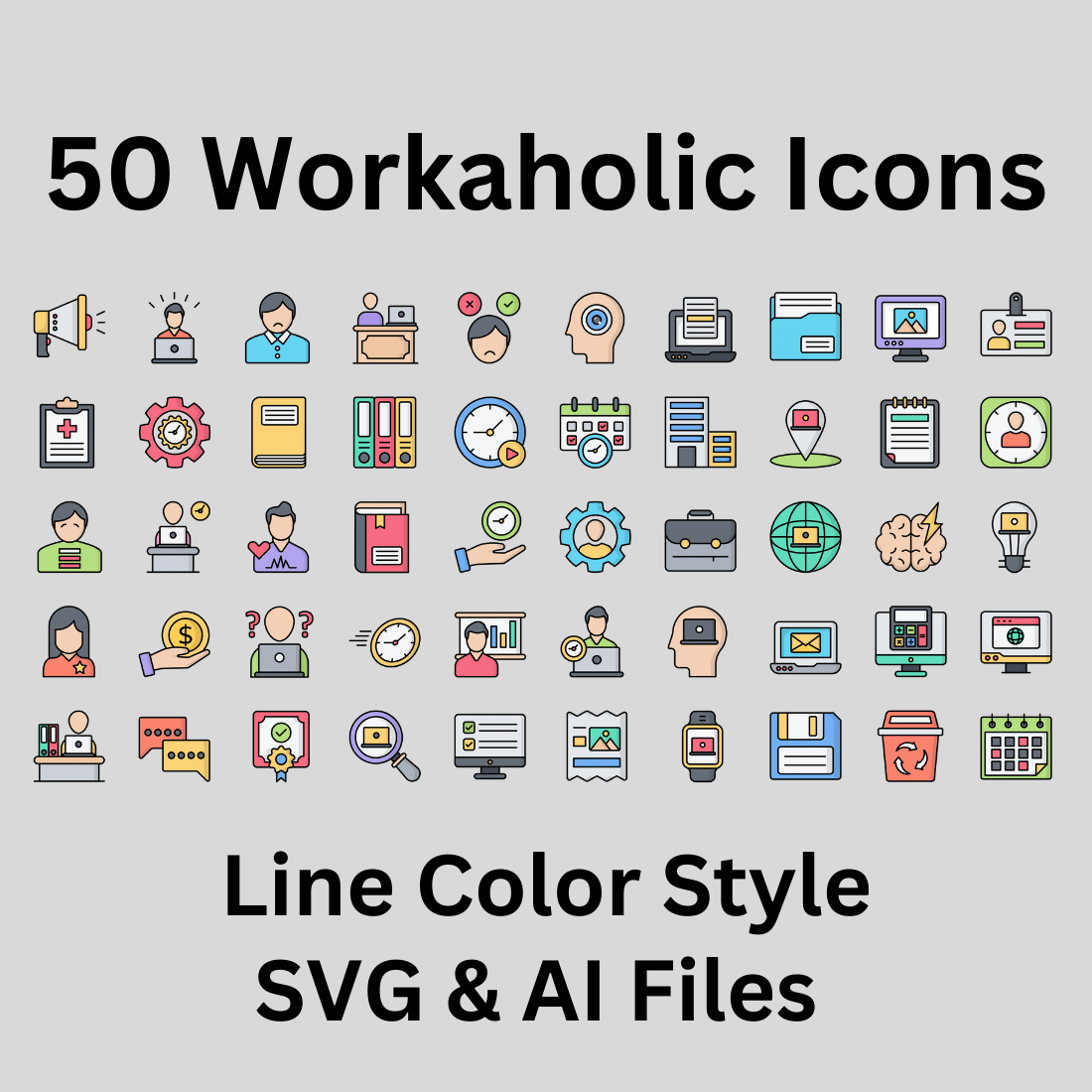 Workaholic Icon Set 50 Line Color Icons - SVG And AI Files preview image.