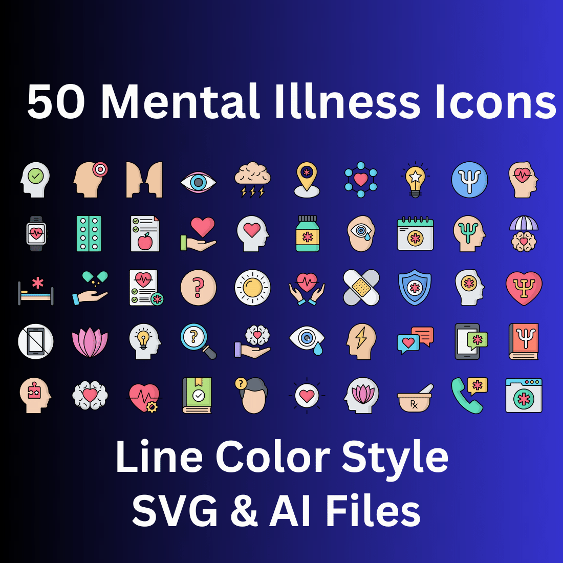 Mental Illness Icon Set 50 Line Color Icons - SVG And AI Files preview image.